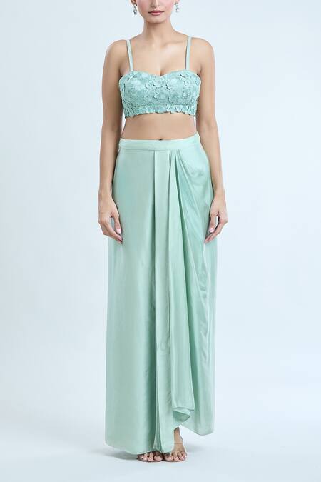 Shop Mishru Green Silk Embroidery Sweetheart Neck Cape And Draped Skirt Set Online at Aza Fashions Shop_Mishru_Green Silk Embroidery Sweetheart Neck Cape And Draped Skirt Set_Online_at_Aza_Fashions