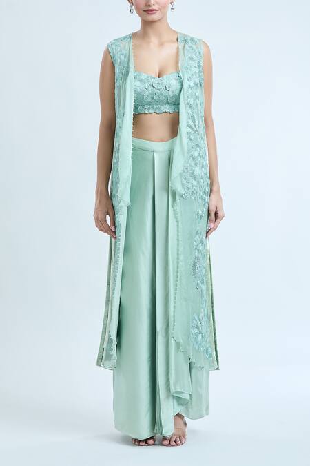 Buy Mishru Green Silk Embroidery Sweetheart Neck Cape And Draped Skirt Set Online at Aza Fashions Buy_Mishru_Green Silk Embroidery Sweetheart Neck Cape And Draped Skirt Set_Online_at_Aza_Fashions