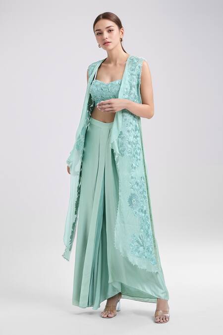 Mishru Green Silk Embroidery Sweetheart Neck Cape And Draped Skirt Set Online at Aza Fashions Mishru_Green Silk Embroidery Sweetheart Neck Cape And Draped Skirt Set_Online_at_Aza_Fashions