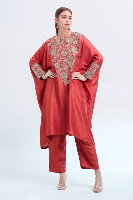 Mrunalini Rao Orange Embroidered Floral Closed Neck Zardozi Kaftan And Pant Set 