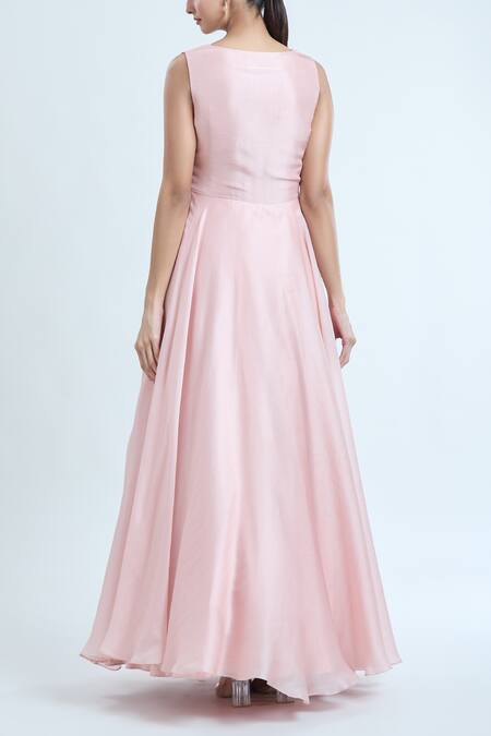 Shop_Pankaj & Nidhi_Rose Gold Tulle, Silk Organza Solarium Hand Embellished Jacket And Anarkali Set _Online_at_Aza_Fashions