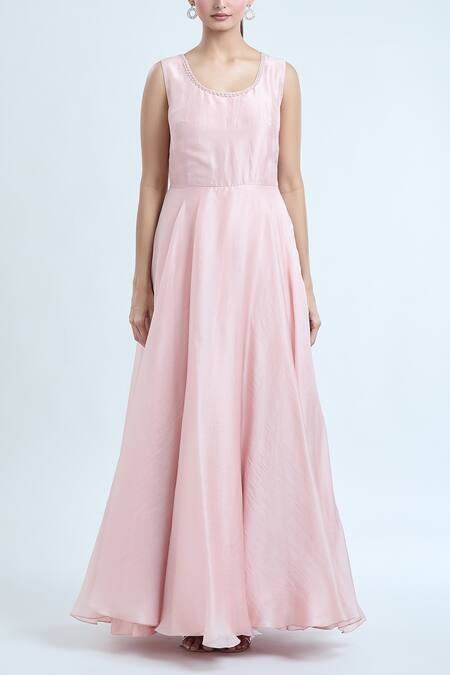 Buy_Pankaj & Nidhi_Rose Gold Tulle, Silk Organza Solarium Hand Embellished Jacket And Anarkali Set _Online_at_Aza_Fashions