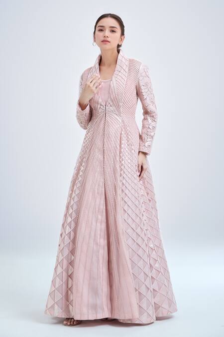 Pankaj & Nidhi_Rose Gold Tulle, Silk Organza Solarium Hand Embellished Jacket And Anarkali Set _Online_at_Aza_Fashions
