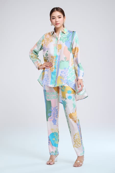 Pankaj & Nidhi Multi Color Silk Crepe Hand Embellished Floral Arch Pattern Shirt And Pant Set 