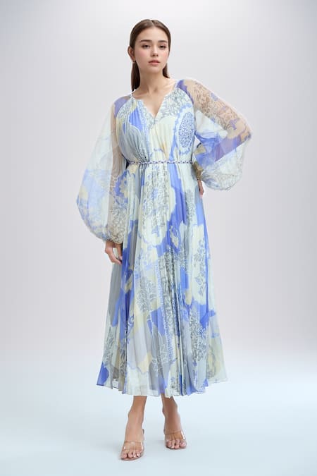 Pankaj & Nidhi Blue Printed Floral Notched Cusp Pleated Dress 