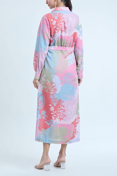 Shop Pankaj & Nidhi Multi Color Linen Collared Dome Printed Pleated Midi Dress at Aza Fashions Shop_Pankaj & Nidhi_Multi Color Linen Collared Dome Printed Pleated Midi Dress _at_Aza_Fashions