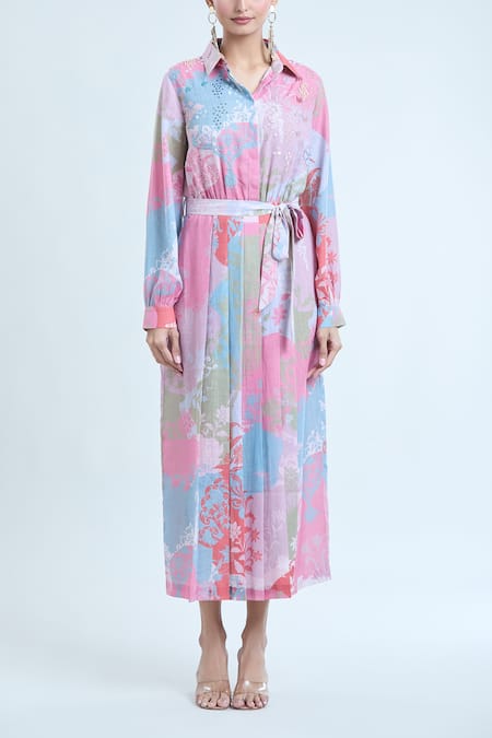 Buy Pankaj & Nidhi Multi Color Linen Collared Dome Printed Pleated Midi Dress Online at Aza Fashions Buy_Pankaj & Nidhi_Multi Color Linen Collared Dome Printed Pleated Midi Dress _Online_at_Aza_Fashions