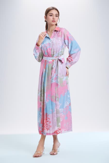 Pankaj & Nidhi Multi Color Linen Collared Dome Printed Pleated Midi Dress Online at Aza Fashions Pankaj & Nidhi_Multi Color Linen Collared Dome Printed Pleated Midi Dress _Online_at_Aza_Fashions