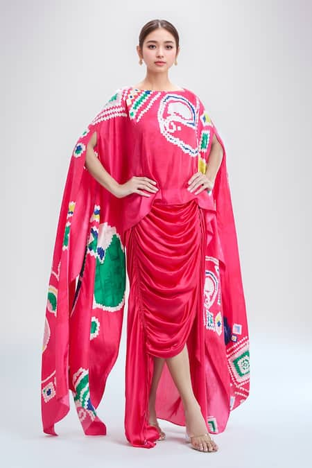 Saaksha & Kinni Red Printed Abstract Boat Cape And Draped Skirt Set 