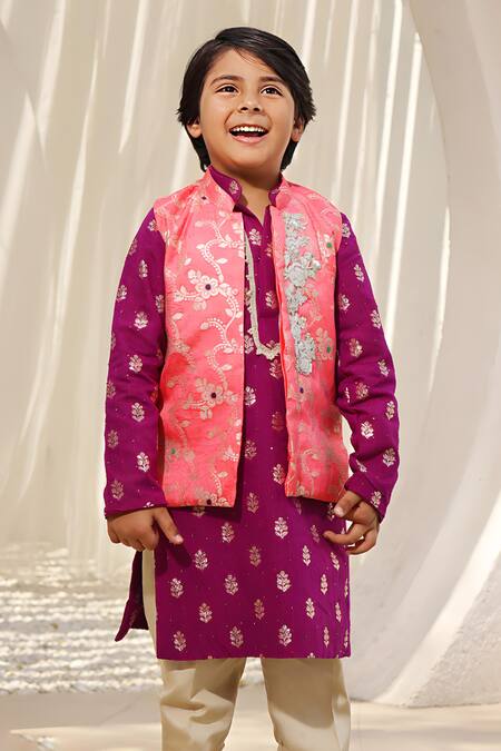 Fayon Kids Pink Brocade, Cotton Embroidery Floral Jacket With Kurta Set Online at Aza Fashions Fayon Kids_Pink Brocade, Cotton Embroidery Floral Jacket With Kurta Set _Online_at_Aza_Fashions