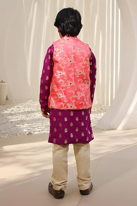 Shop Fayon Kids Pink Brocade, Cotton Embroidery Floral Jacket With Kurta Set at Aza Fashions Shop_Fayon Kids_Pink Brocade, Cotton Embroidery Floral Jacket With Kurta Set _at_Aza_Fashions
