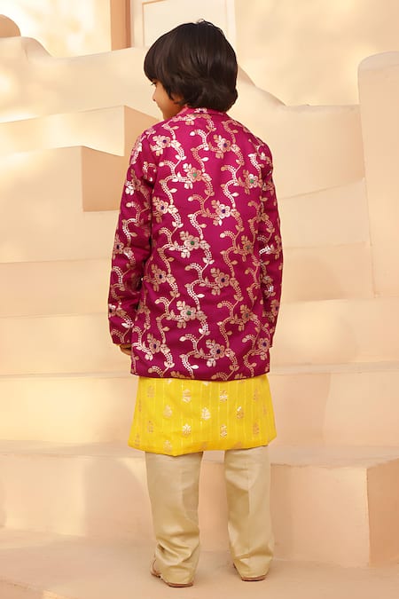 Shop Fayon Kids Purple Brocade, Gingham, Cotton Embroidery Jacket With Kurta Set at Aza Fashions Shop_Fayon Kids_Purple Brocade, Gingham, Cotton Embroidery Jacket With Kurta Set _at_Aza_Fashions