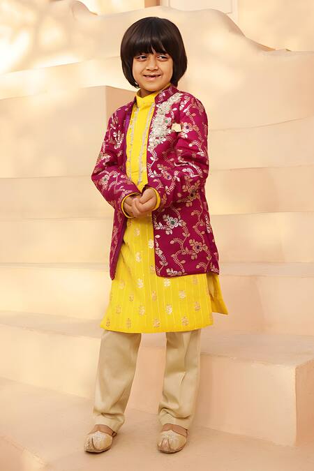 Fayon Kids Purple Brocade, Gingham, Cotton Embroidery Jacket With Kurta Set Online at Aza Fashions Fayon Kids_Purple Brocade, Gingham, Cotton Embroidery Jacket With Kurta Set _Online_at_Aza_Fashions
