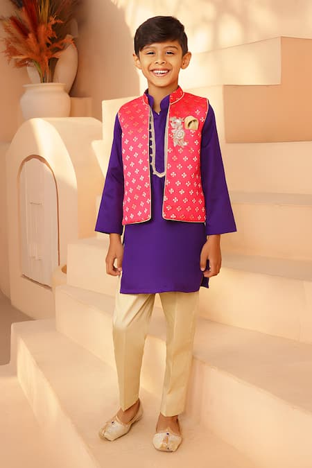 FAYON KIDS Floral Butta Pattern Jacket With Kurta Set 