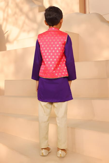 Shop Fayon Kids Purple Brocade, Cotton Embroidery Floral Butta Pattern Jacket With Kurta Set at Aza Fashions Shop_Fayon Kids_Purple Brocade, Cotton Embroidery Floral Butta Pattern Jacket With Kurta Set _at_Aza_Fashions