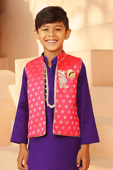 Fayon Kids Purple Brocade, Cotton Embroidery Floral Butta Pattern Jacket With Kurta Set Online at Aza Fashions Fayon Kids_Purple Brocade, Cotton Embroidery Floral Butta Pattern Jacket With Kurta Set _Online_at_Aza_Fashions