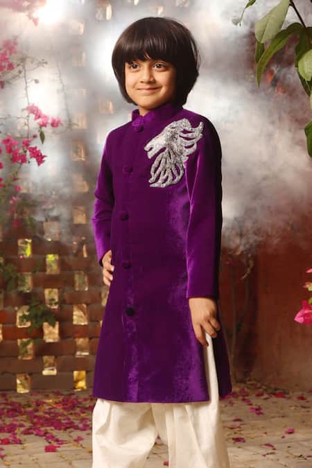 Fayon Kids_Purple Velvet, Cotton Embroidery, Sequins Sherwani With Salwar _Online_at_Aza_Fashions