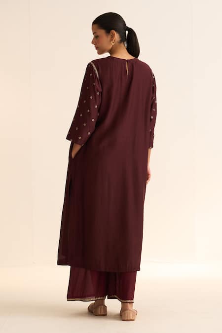 Shop Dot Wine Cotton, Silk Embroidery Round Neck Kavish Kurta With Pant at Aza Fashions Shop_Dot_Wine Cotton, Silk Embroidery Round Neck Kavish Kurta With Pant _at_Aza_Fashions