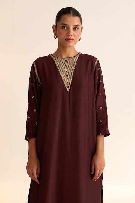 Dot Wine Cotton, Silk Embroidery Round Neck Kavish Kurta With Pant Online at Aza Fashions Dot_Wine Cotton, Silk Embroidery Round Neck Kavish Kurta With Pant _Online_at_Aza_Fashions