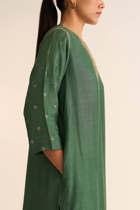 Shop_Dot_Green Cotton, Silk Embroidery Round Neck Kavish Kurta With Pant _Online_at_Aza_Fashions