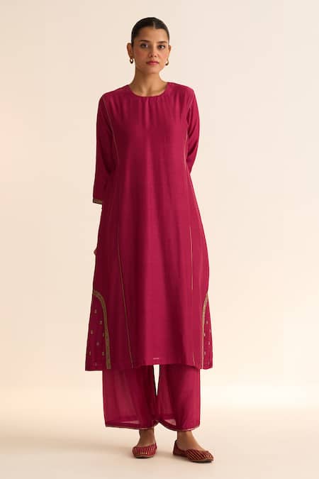 Dot Pink Organza, Cotton Embroidery Round Neck Kumud Kurta Pant Set Online at Aza Fashions Dot_Pink Organza, Cotton Embroidery Round Neck Kumud Kurta Pant Set _Online_at_Aza_Fashions