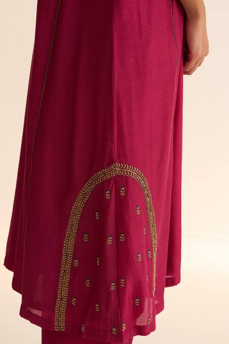 Shop_Dot_Pink Cotton, Silk Embroidery Round Neck Kumud Kurta With Pant _Online_at_Aza_Fashions