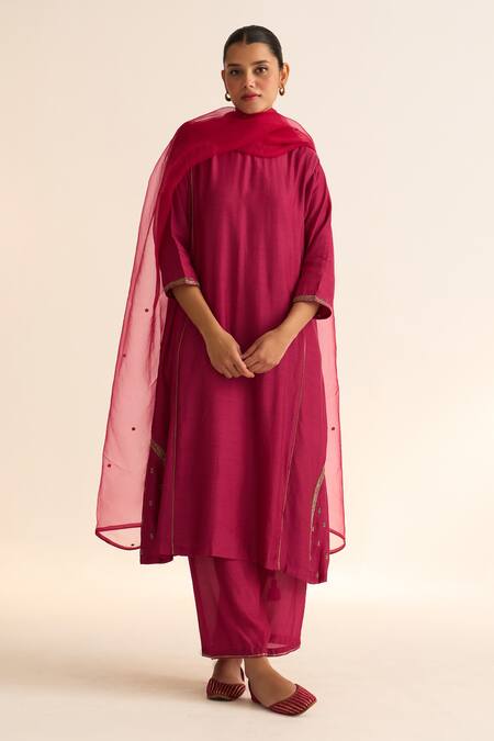 Buy_Dot_Pink Cotton, Silk Embroidery Round Neck Kumud Kurta With Pant 