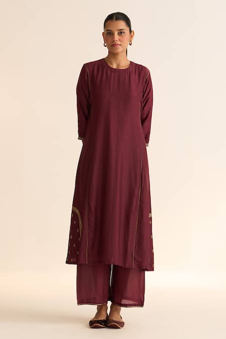 Dot_Wine Chanderi, Cotton Satin, Cotton, Silk Embroidery Kumud Kurta With Pant _Online_at_Aza_Fashions