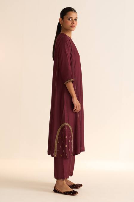 Buy_Dot_Wine Chanderi, Cotton Satin, Cotton, Silk Embroidery Kumud Kurta With Pant _Online_at_Aza_Fashions