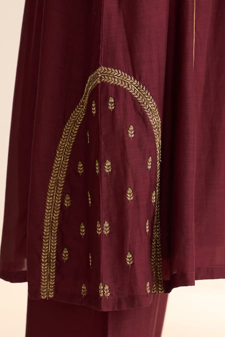 Shop_Dot_Wine Chanderi, Cotton Satin, Cotton, Silk Embroidery Kumud Kurta With Pant _Online_at_Aza_Fashions