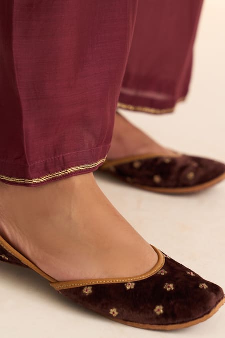Dot_Wine Chanderi, Cotton Satin, Cotton, Silk Embroidery Kumud Kurta With Pant _at_Aza_Fashions