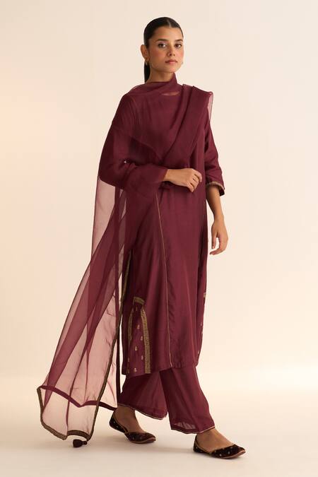 Buy_Dot_Wine Chanderi, Cotton Satin, Cotton, Silk Embroidery Kumud Kurta With Pant 