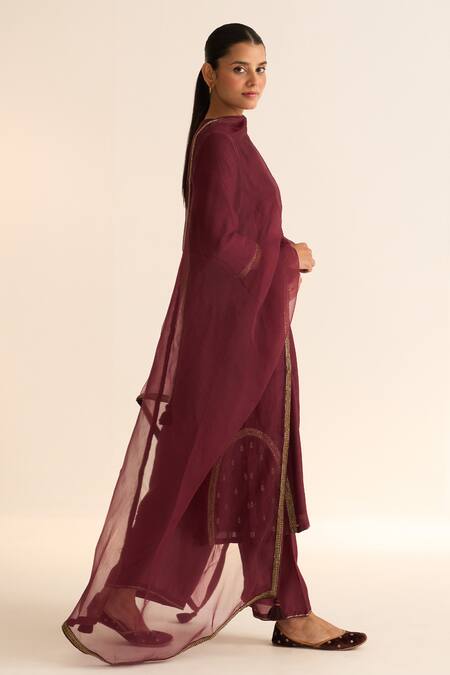 Shop_Dot_Wine Chanderi, Cotton Satin, Cotton, Silk Embroidery Kumud Kurta With Pant 