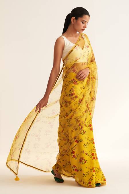 Dot Yellow Organza, Cotton, Silk Asymmetric Mohini Floral Print Saree With Blouse Online at Aza Fashions Dot_Yellow Organza, Cotton, Silk Asymmetric Mohini Floral Print Saree With Blouse _Online_at_Aza_Fashions