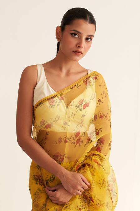 Buy Dot Yellow Organza, Cotton, Silk Asymmetric Mohini Floral Print Saree With Blouse Online at Aza Fashions Buy_Dot_Yellow Organza, Cotton, Silk Asymmetric Mohini Floral Print Saree With Blouse _Online_at_Aza_Fashions