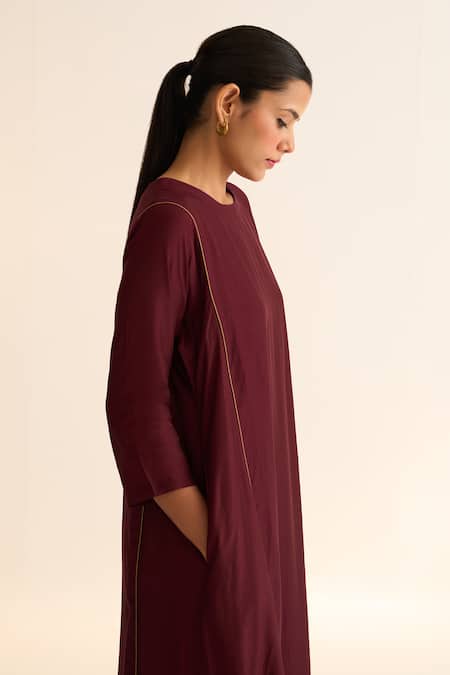 Dot_Wine Chanderi, Satin, Embroidery Round Mridini Kurta Pant Set _Online_at_Aza_Fashions