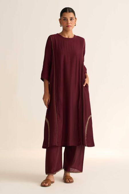 Buy_Dot_Wine Chanderi, Satin, Embroidery Round Mridini Kurta Pant Set _Online_at_Aza_Fashions