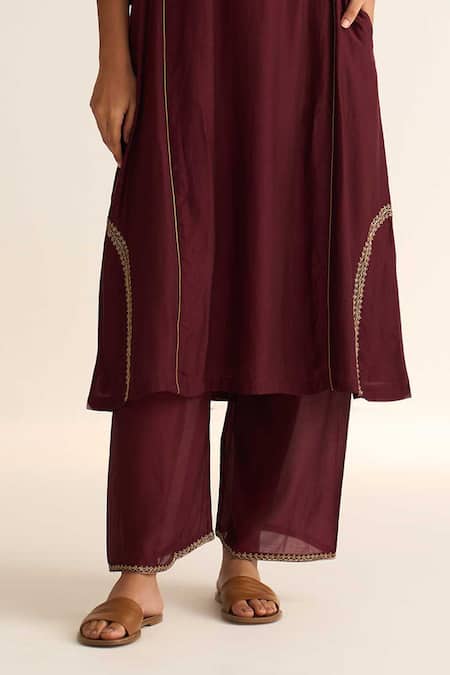 Shop_Dot_Wine Chanderi, Satin, Embroidery Round Mridini Kurta Pant Set _Online_at_Aza_Fashions