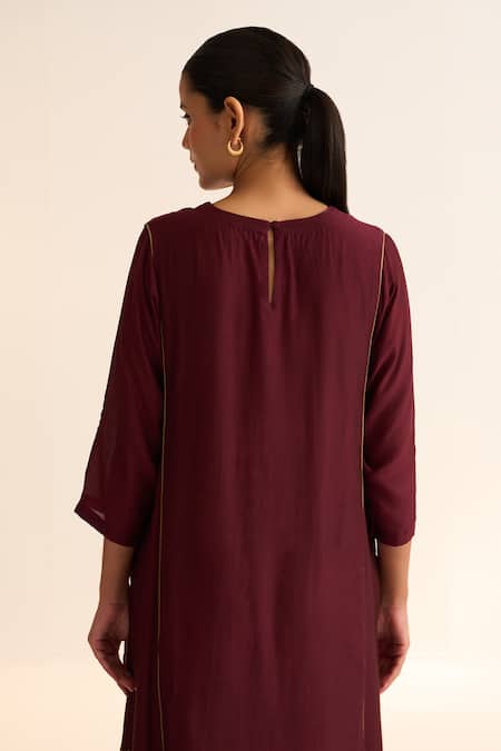 Dot_Wine Chanderi, Satin, Embroidery Round Mridini Kurta Pant Set _at_Aza_Fashions