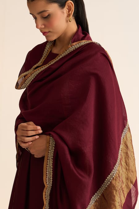 Buy_Dot_Wine Chanderi, Satin, Embroidery Round Mridini Kurta Pant Set 