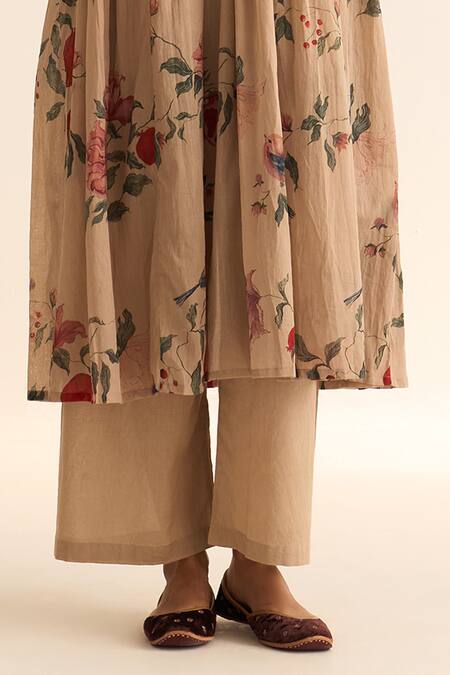 Dot_Beige Cotton Embroidery V-neck Aara Resham Pita Work Anarkali And Pant Set _Online_at_Aza_Fashions