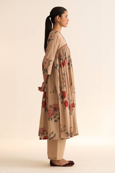 Buy_Dot_Beige Cotton Embroidery V-neck Aara Resham Pita Work Anarkali And Pant Set _Online_at_Aza_Fashions