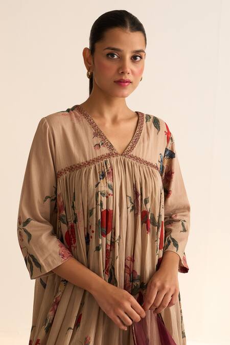 Shop_Dot_Beige Cotton Embroidery V-neck Aara Resham Pita Work Anarkali And Pant Set _Online_at_Aza_Fashions