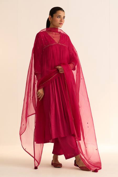 Dot_Pink Organza Tassels Aarish Floral Embroidered Dupatta _Online_at_Aza_Fashions