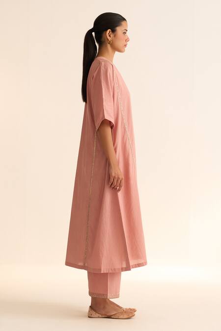 Dot_Pink Cotton Beads, Embroidery Round Neck Albela Kurta And Pant Set _Online_at_Aza_Fashions