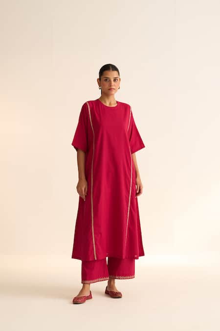 Dot Pink Cotton Embroidery Round Neck Albela Placement Kaftan Kurta And Pant Set Online at Aza Fashions Dot_Pink Cotton Embroidery Round Neck Albela Placement Kaftan Kurta And Pant Set _Online_at_Aza_Fashions