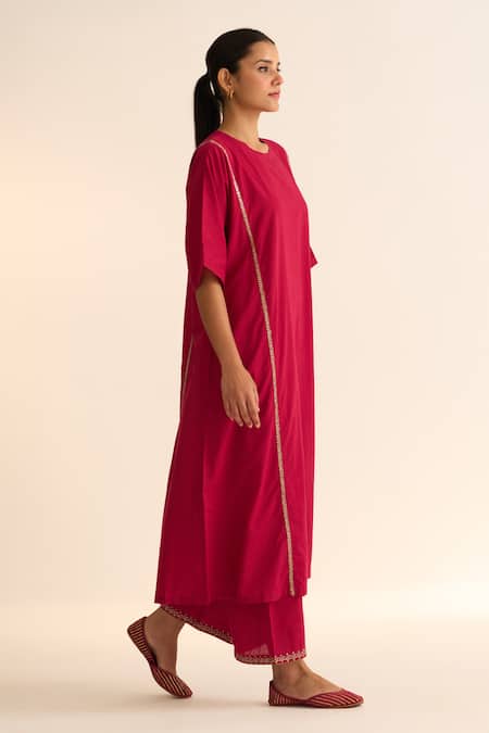 Buy Dot Pink Cotton Embroidery Round Neck Albela Placement Kaftan Kurta And Pant Set Online at Aza Fashions Buy_Dot_Pink Cotton Embroidery Round Neck Albela Placement Kaftan Kurta And Pant Set _Online_at_Aza_Fashions
