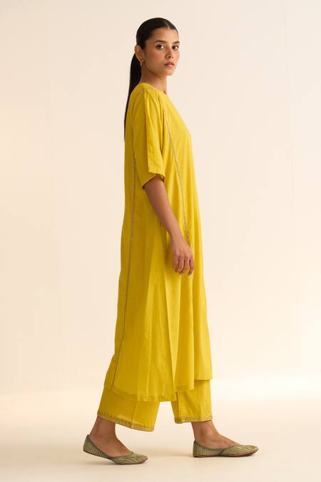 Buy_Dot_Yellow Cotton Beads Round Neck Albela Placement Embroidered Kurta And Pant Set _Online_at_Aza_Fashions