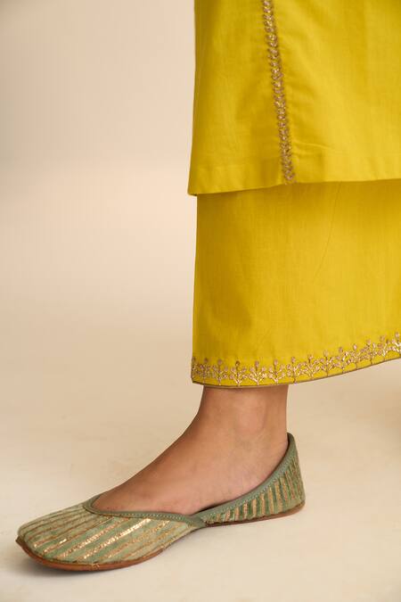 Shop_Dot_Yellow Cotton Beads Round Neck Albela Placement Embroidered Kurta And Pant Set _Online_at_Aza_Fashions
