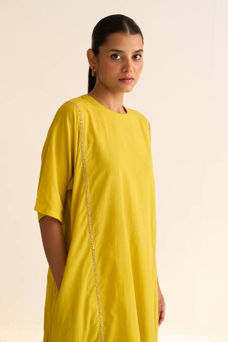 Dot_Yellow Cotton Beads Round Neck Albela Placement Embroidered Kurta And Pant Set _at_Aza_Fashions